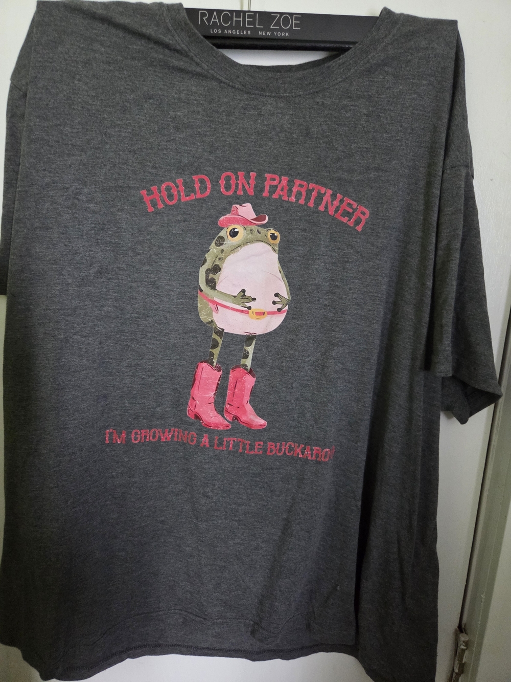 Rachel Zoe Gray Tee with Pink Frog Cowboy Graphic